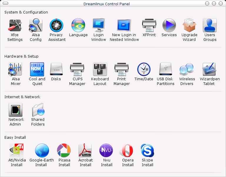The Dreamlinux Control Panel, with categories such as System & Configuration, Hardware & Setup, Internet & Network and Easy Install.