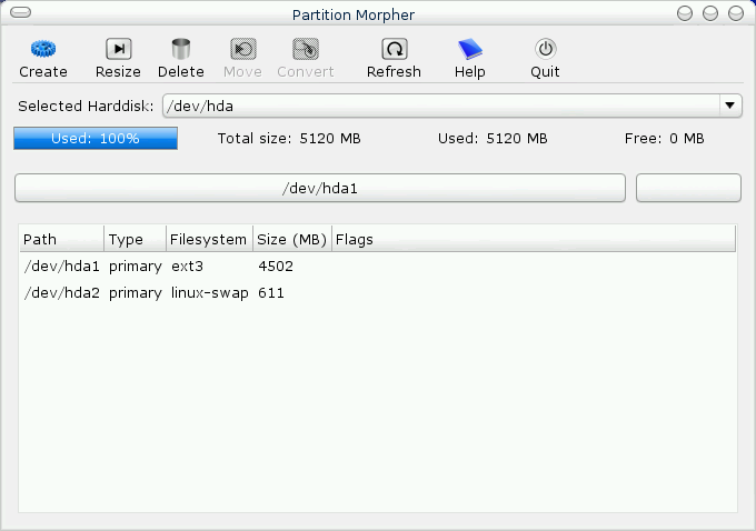Partition Morpher in the installer. Includes a drop down list for physical hard drive, and a list of partitions in the main pane.
