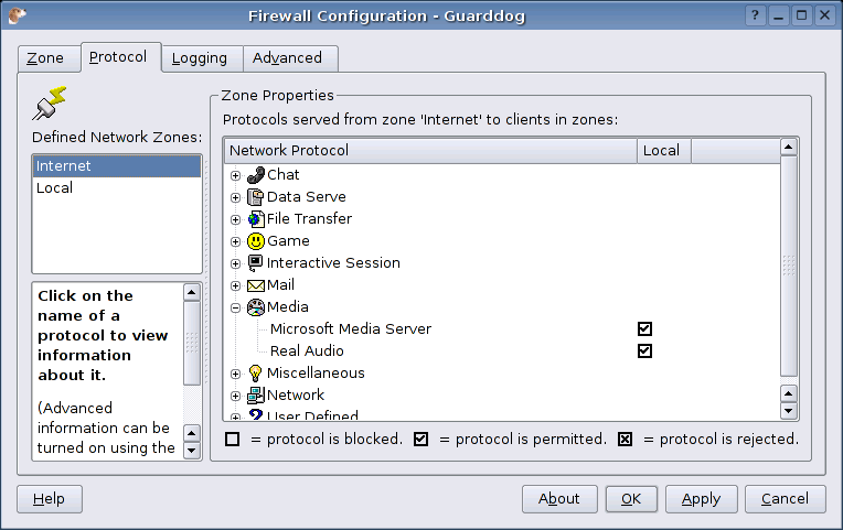 Guard Dog, the firewall for SimplyMEPIS. This image shows the various protocols that can be allowed, under headings such as Chat, File Transfer and Games.