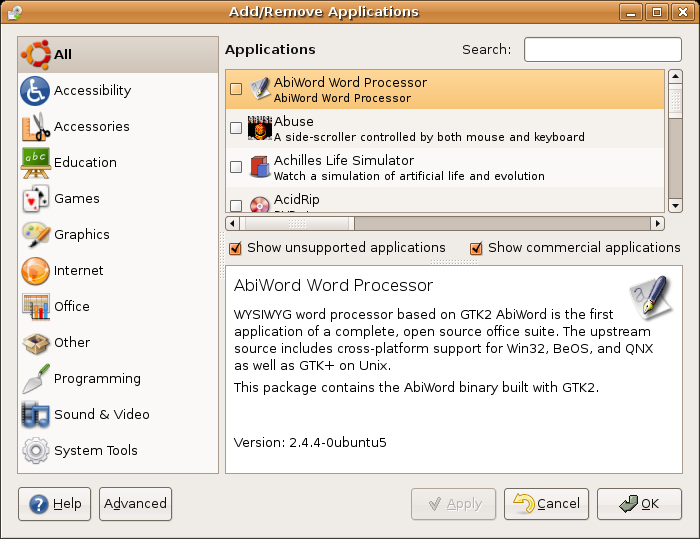 The Add/Remove Applications utility in Ubuntu. There are groups of applications, the individual packages and their descriptions shown.