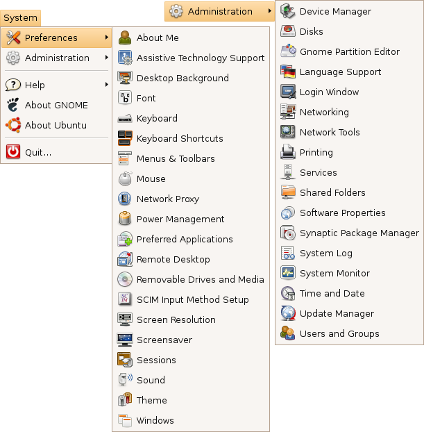 The Administration and Preferences menu in Ubuntu under System.