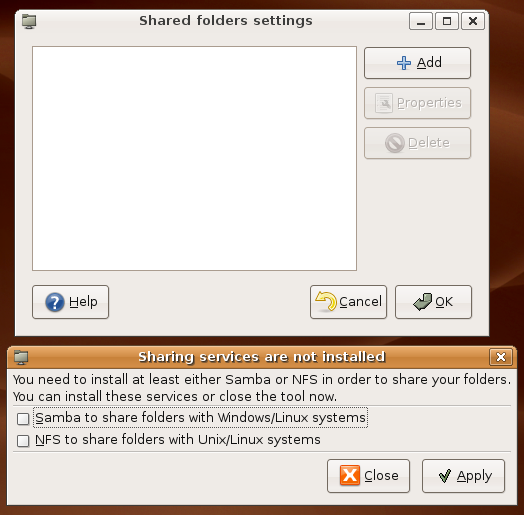 Shared folders dialog, with the prompt to install Samba or NFS