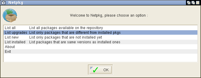 Netpkg's main menu, showing the various options (List all, upgrades, new, installed; About; Exit)