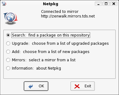 The default screen of netpkg, allowing you to add, upgrade, and search for packages.