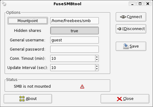 FuseSMBtool dialog, with options such as General username, General password and Mountpoint.