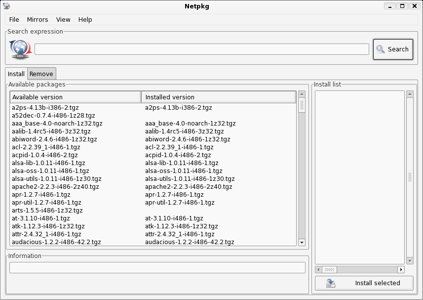 netpkg, complete with a search bar, a left pane containing the package list, and a right pane for the installation list.
