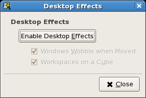 The Desktop Effects dialog showing the options to enable window wobble and workspaces on a cube.