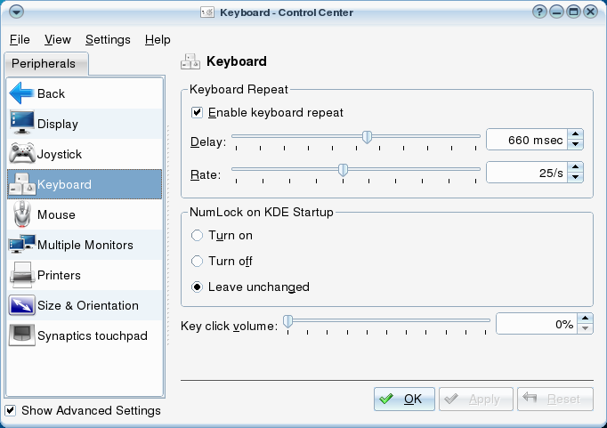 Showing the Keyboard options for the Control Center.