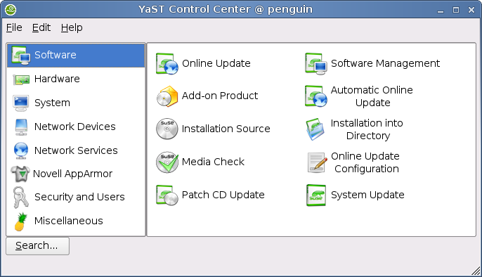 YaST, with categories down the left hand pane, and specific utilities down the right hand pane.