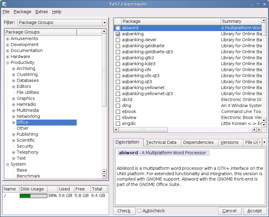 Package Management in YaST, with categories of packages down the left hand side and specific packages down the right hand side.