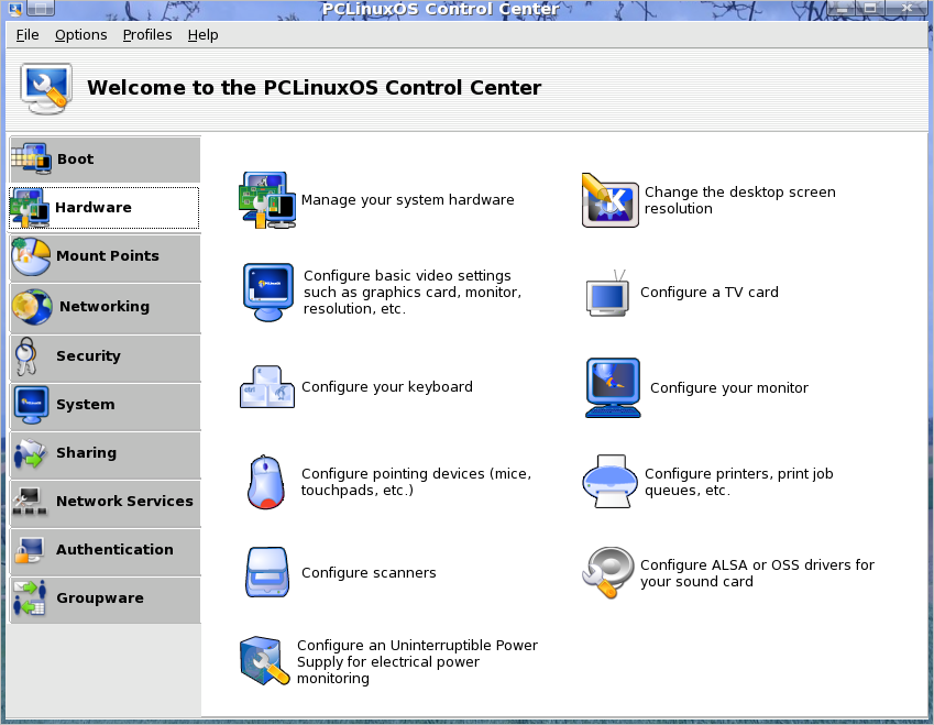 The Hardware section of the Control Center, showing utilities such as Configure your keyboard, Configure your monitor and Configure scanners.