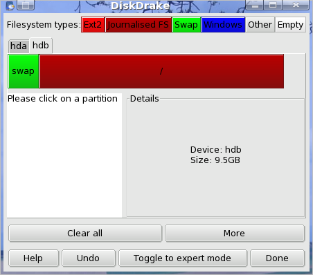 DiskDrake showing the partitions of the second hard drive, including their mountpoints.