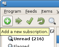 Adding a feed in Liferea through the toolbar