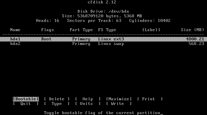 cfdisk, the partioner used in Zenwalk's installation